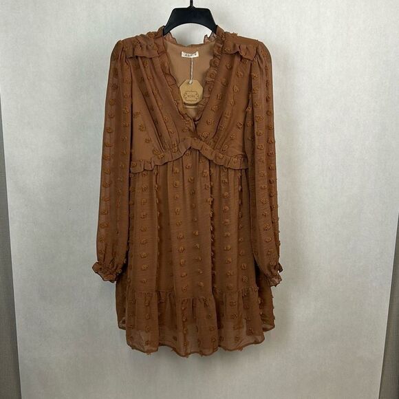 NEW Swiss Polka Dot Chiffon Dress Sz Small Pom Mini Tan Mocha Brown Long Sleeve - Picture 1 of 10